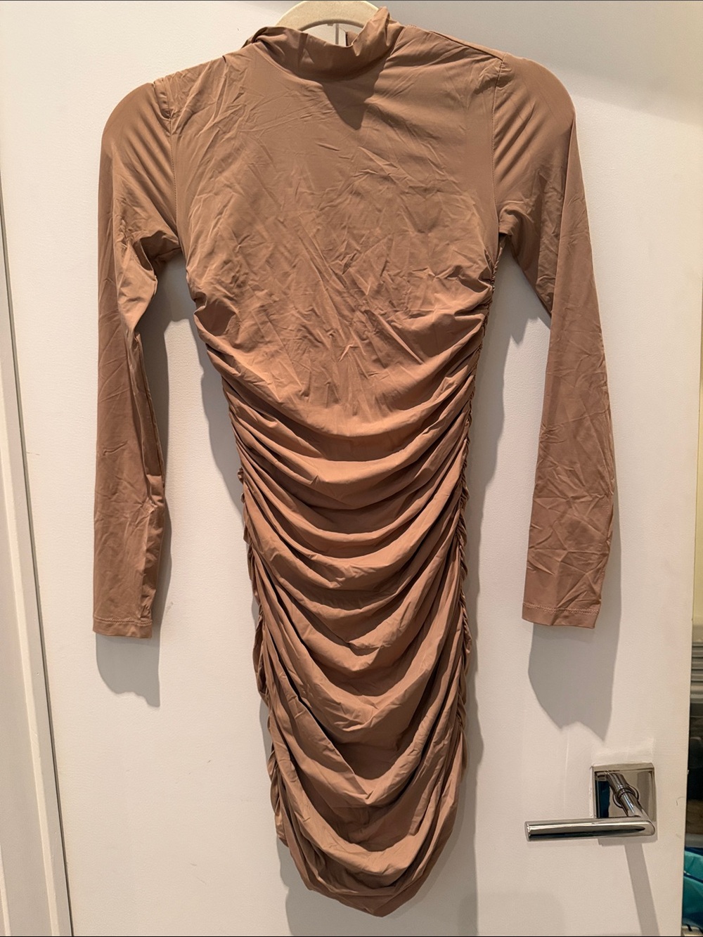 Babaton Long Sleeve Ruched Midi Dress in Taupe
